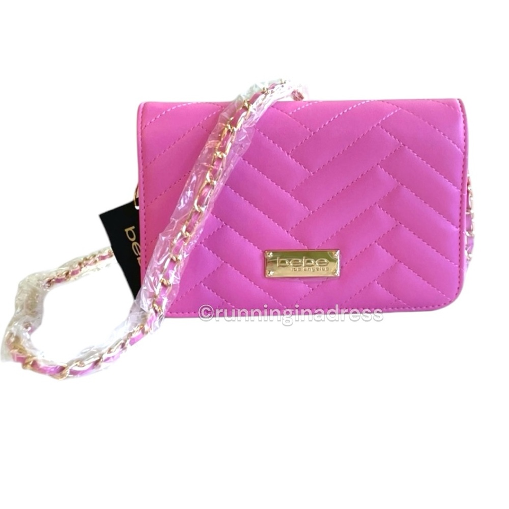 NWT Bebe Sophia Quilted Bag With Gold & Bubblegum Pink Woven Crossbody Chain